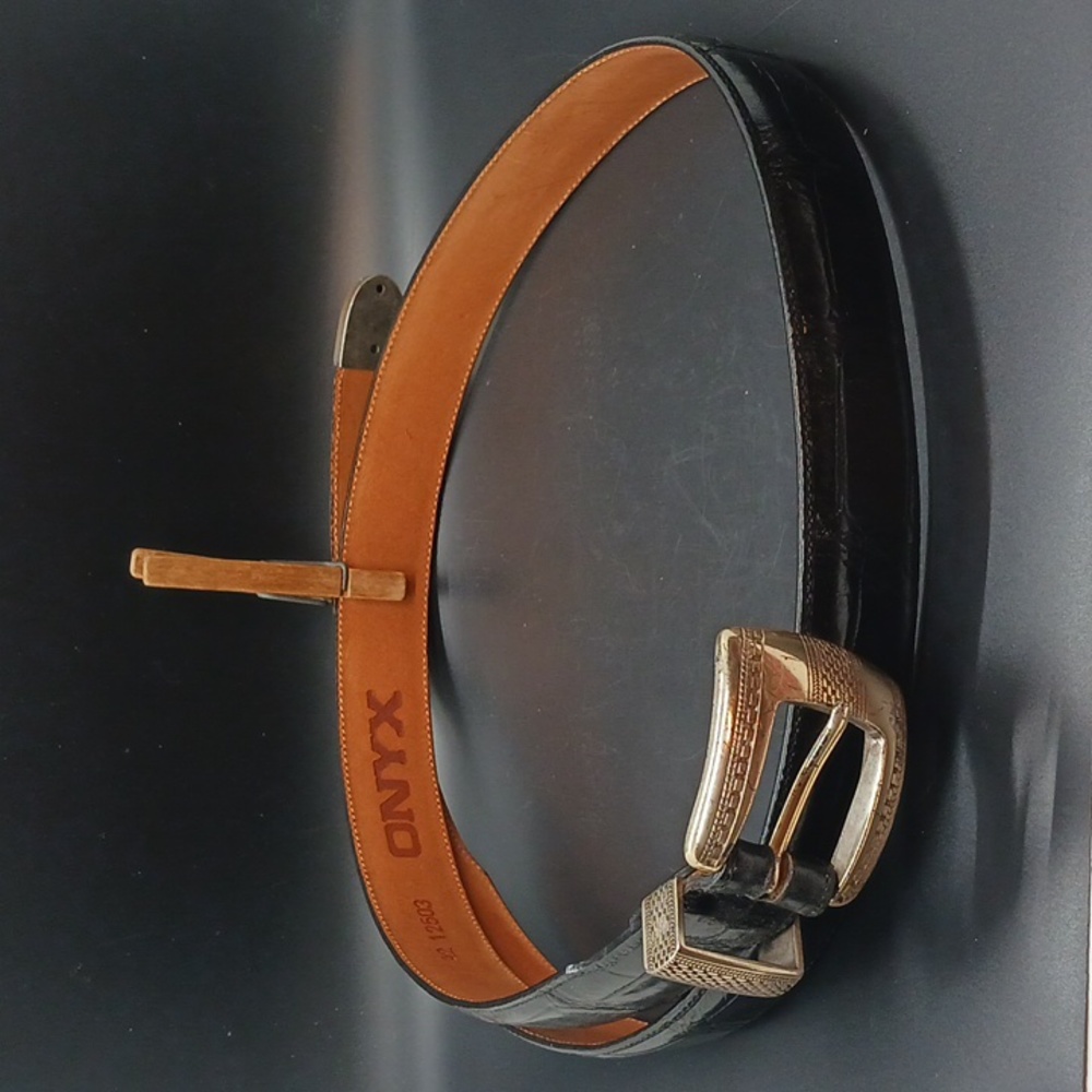 ONYX by Brighton, Black Animal Print Leather Belt, Unisex, Western Buckle